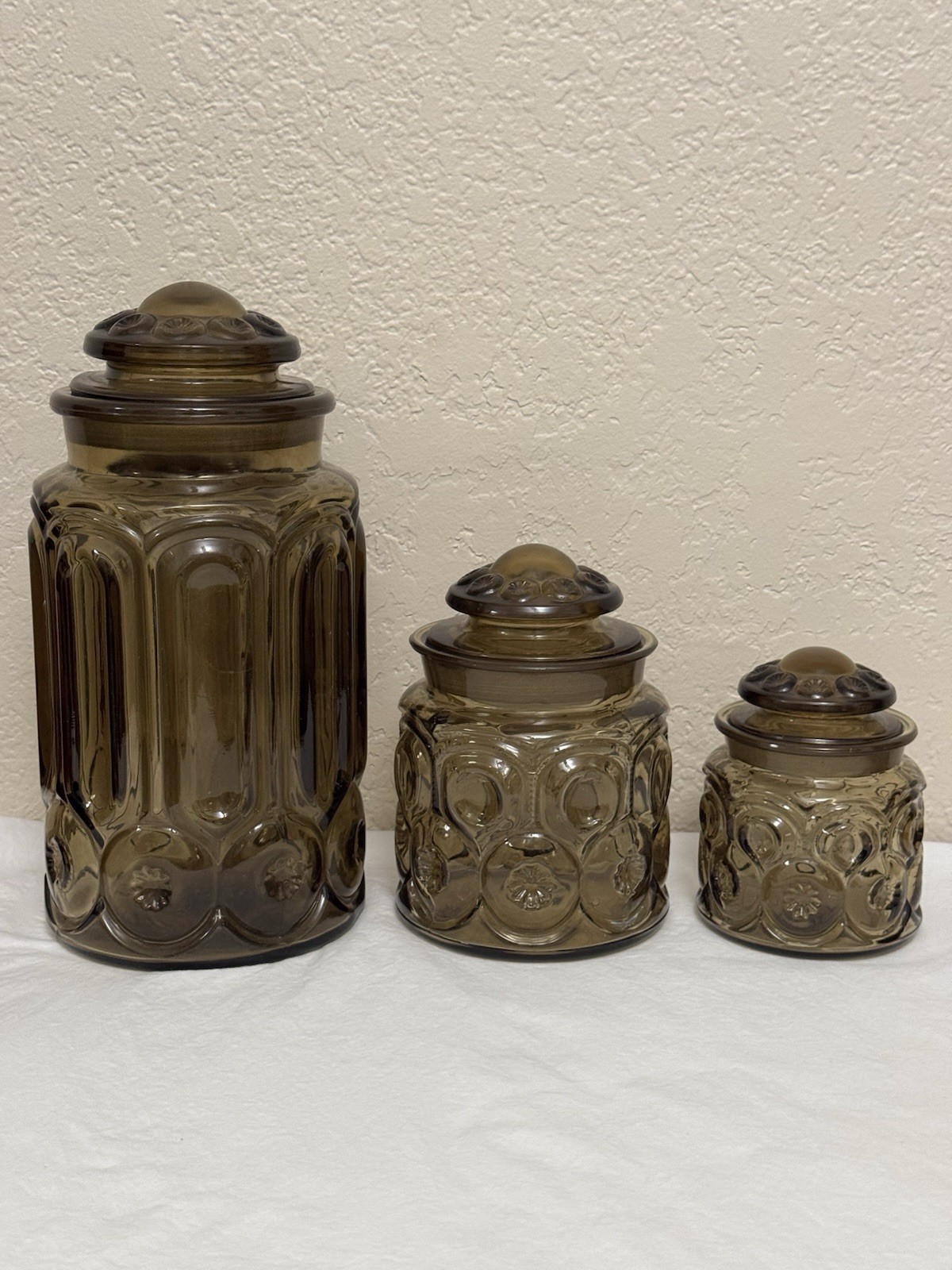 Vintage LE Smith Moon & Stars Rootbeer Smokey Brown 3 Jar Canister Set Vintage LE Smith Moon & Stars Rootbeer Smokey Brown 3 Jar Canister Set