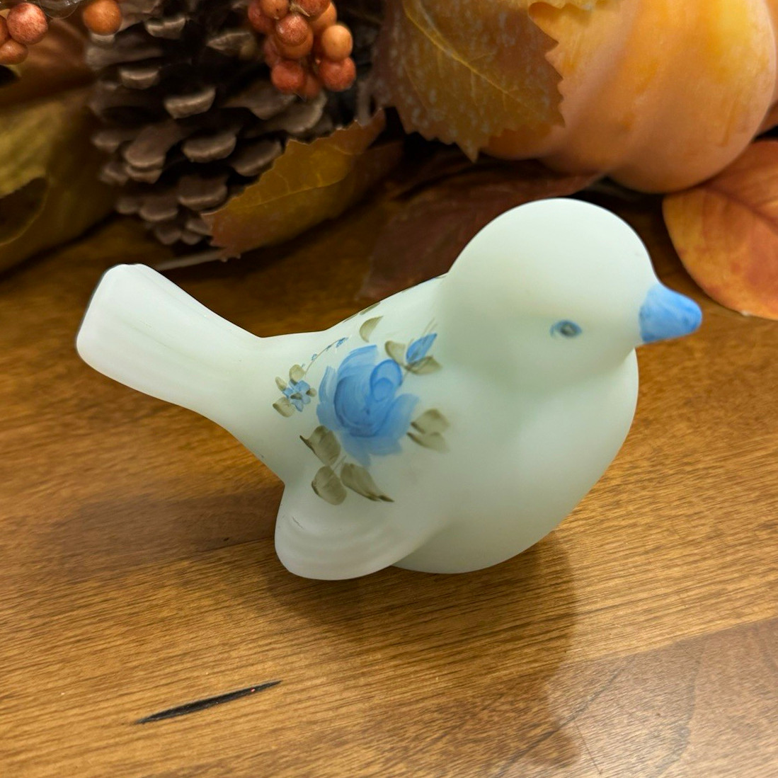 Fenton Handmade Milk Glass Blue Satin Rose Floral Bird Figurine  ? Glower
