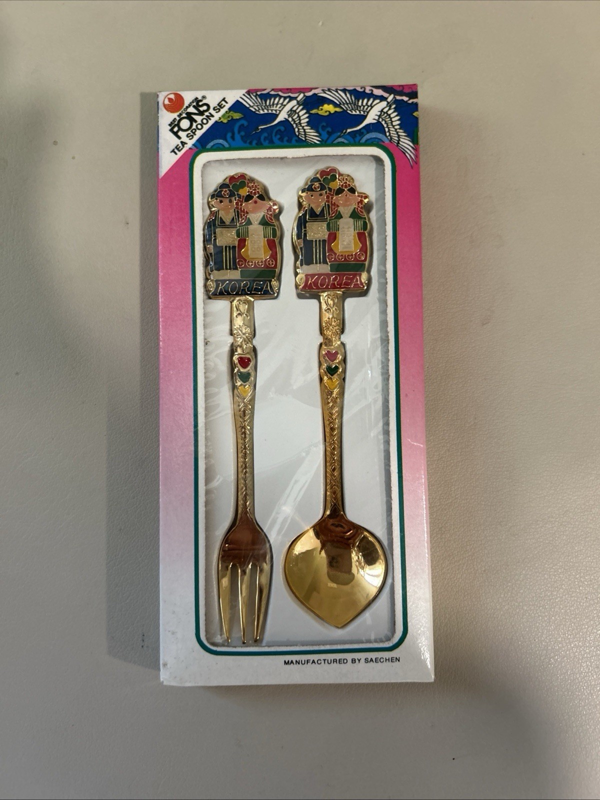Saechen Fons Gold Plated Tea Spoon & Fork Set Korea New