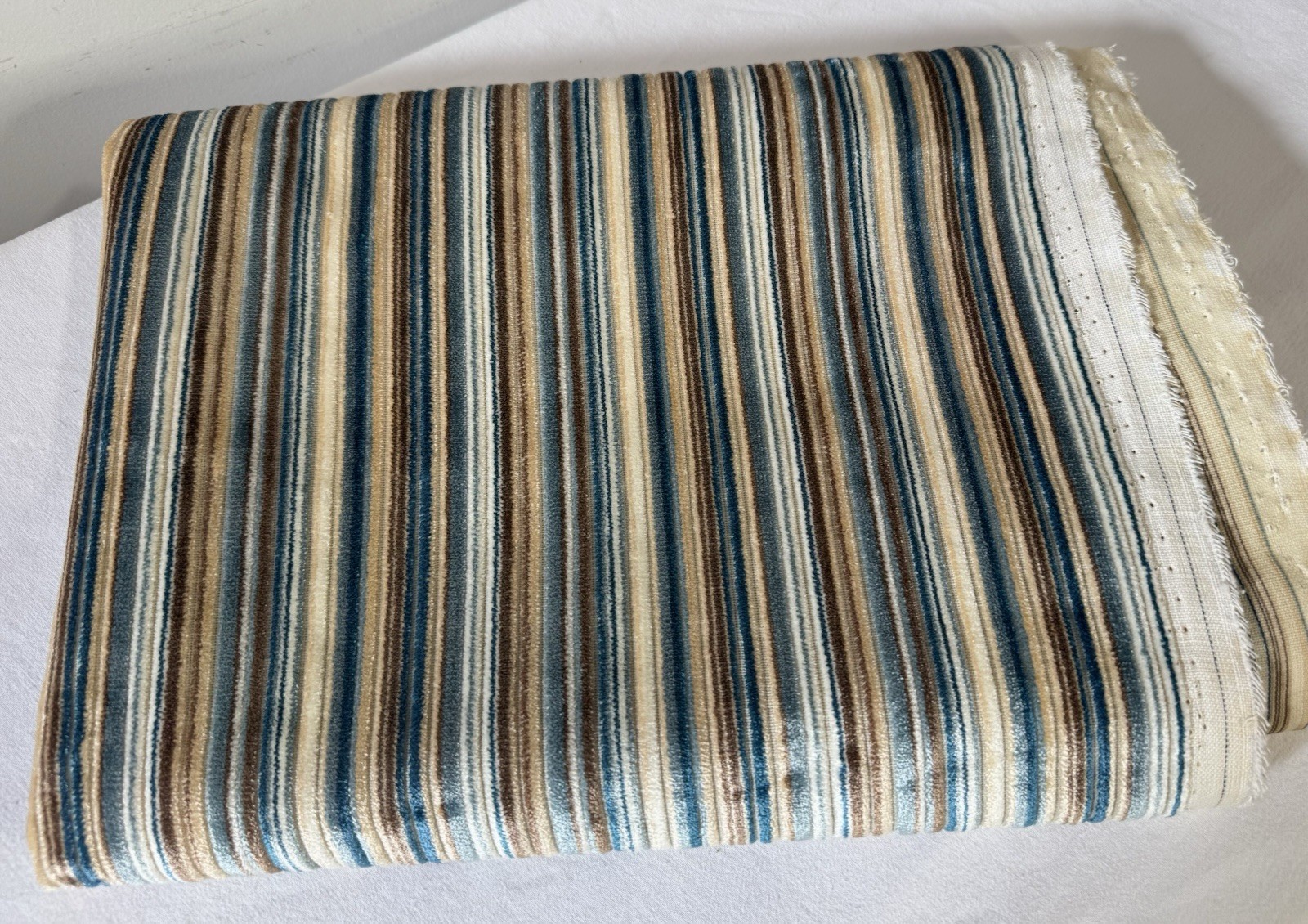 Vintage MCM Cut Velvet Fabric Blue Brown Tan Remnant Stripe Mid Century Modern