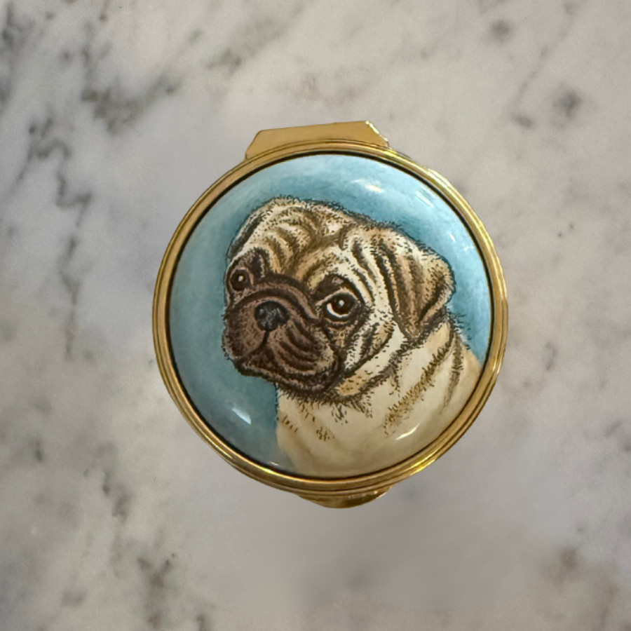 Staffordshire Enamels Chelsea Bonbonnieres Pug Enamel Trinket Box England w/ COA