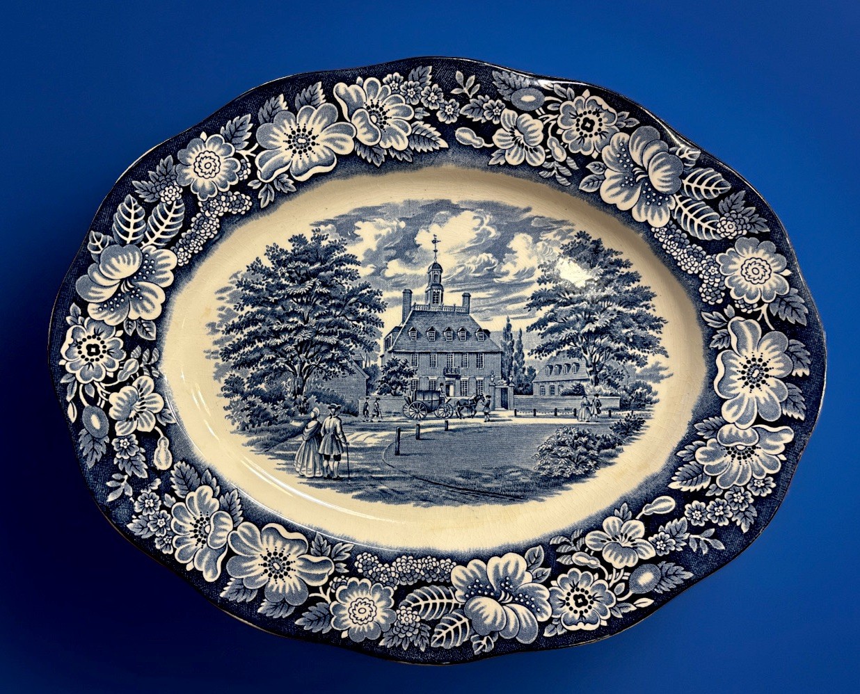 Vintage LIBERTY BLUE Governors House Williamsburg Staffordshire 12” Platter READ