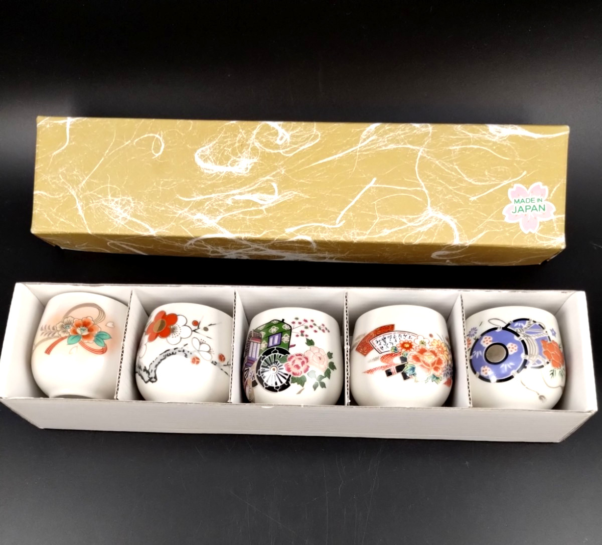 (5) vtg JAPANESE PORCELAIN SAKE CUPS~Unique Pattern On Each Cup~New~Original Box