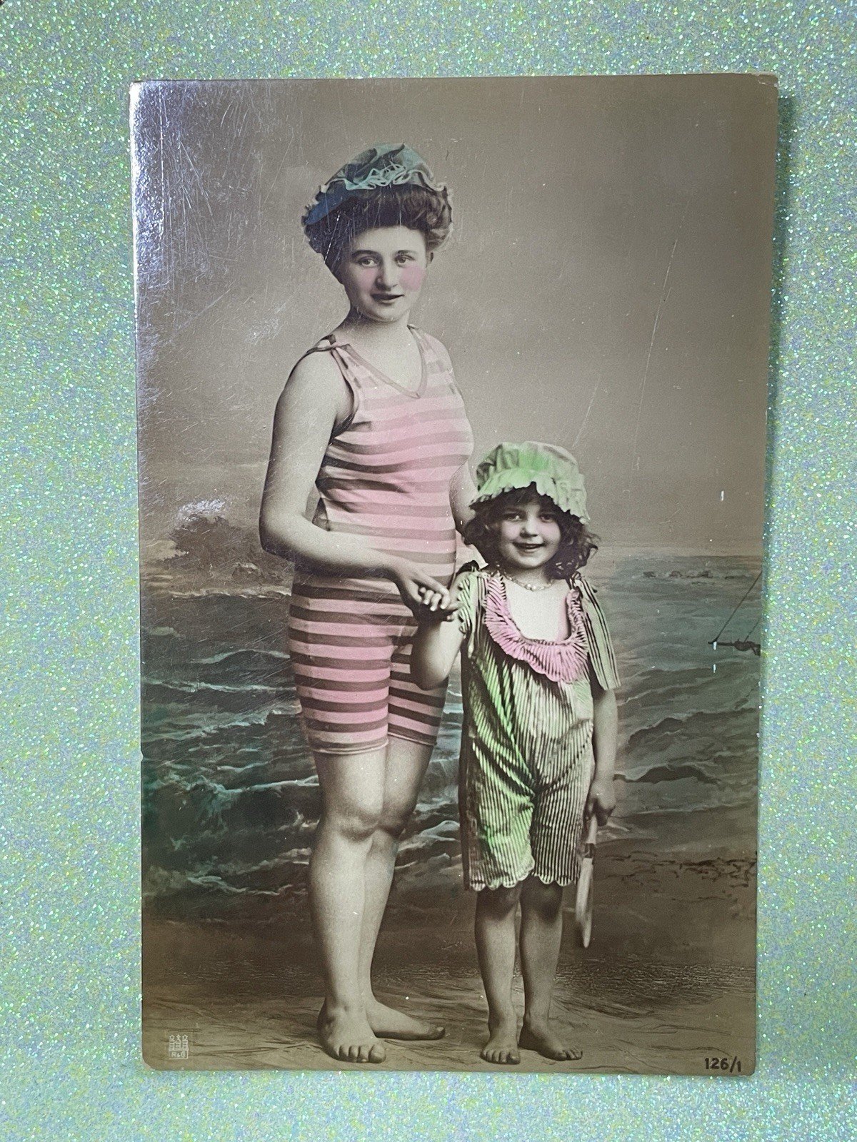 Antique Edwardian Hand tinted Beach Swimwear Scene Photo Postcard RPPC