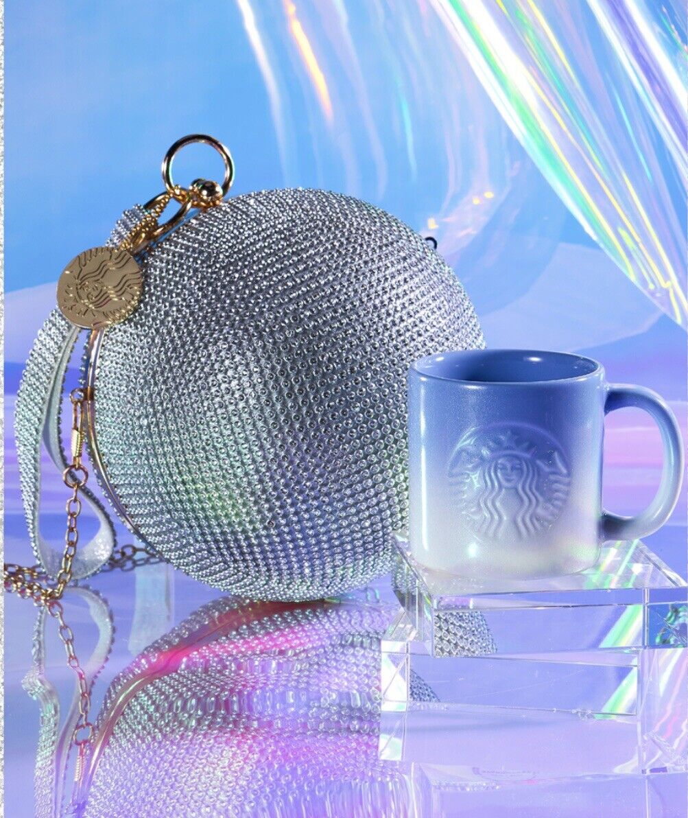 Starbucks 2021 China Xmas Blue Glitter Gradient 3oz Mug With Disco Ball Bag gift