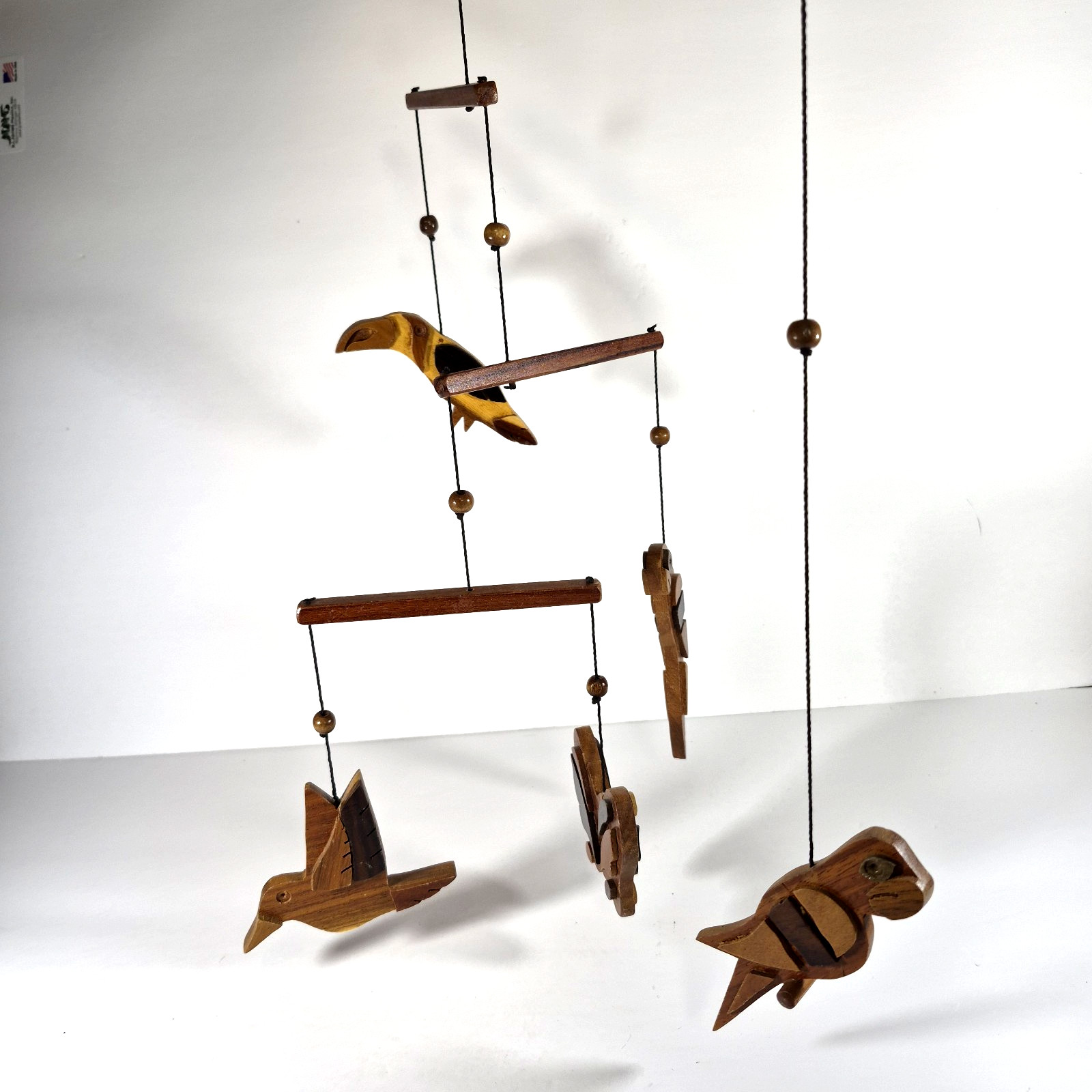 Vintage Artisan Hand Carved Inlaid Wooden Bird Mobile Hanging Decor Kinetic Art