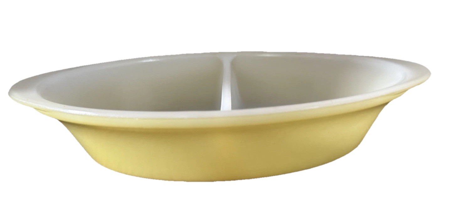 Glassbake Vintage Casserole Divided Baking Dish Yellow 12” Milkglass J239 USA