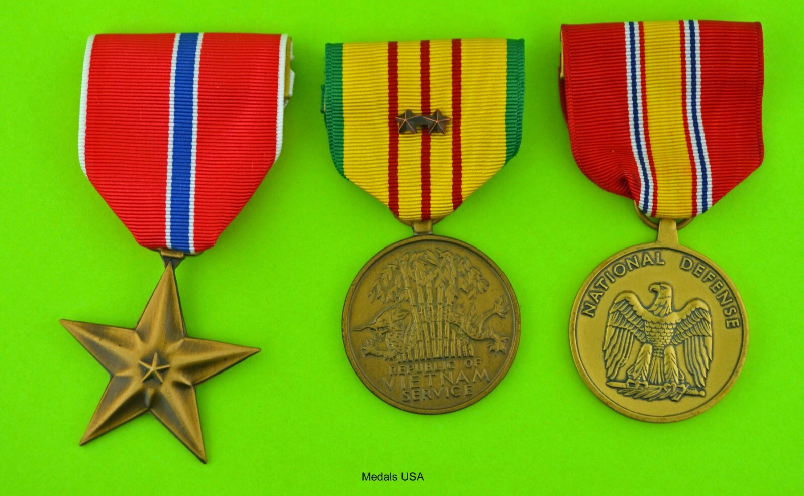 3 VIETNAM MEDALS - Bronze Star, National Defense, Vietnam Service with 2 Stars