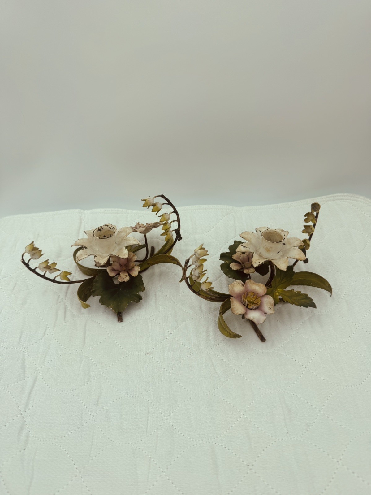Vintage Italian Tole Painted Metal Floral Candelabra Candle Holders- Pair