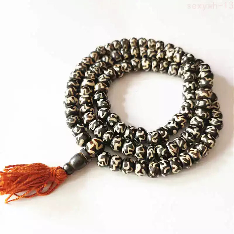108PCS 8mm Tibetan Buddhist Mantras Yak Bone Rosary Prayer Meditation Mala
