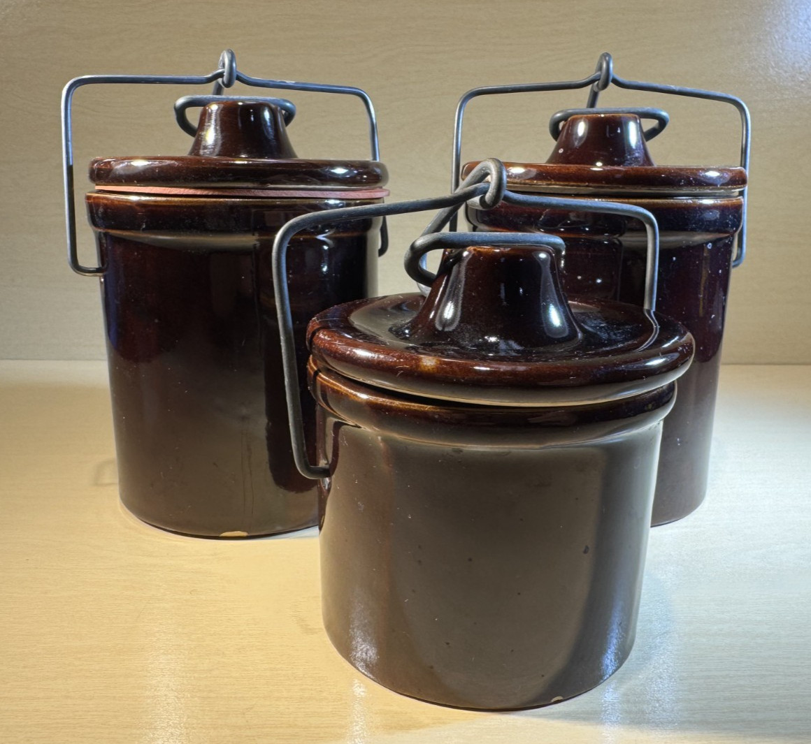 Lot of 3 Vintage Brown Glaze Stoneware Ceramic Farmhouse Crock Jar w/Wire Bails