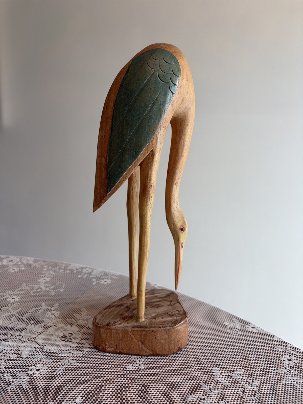 Vintage Handcrafted Wooden Heron Crane Figurine Bird Sculpture Folk Art Decor