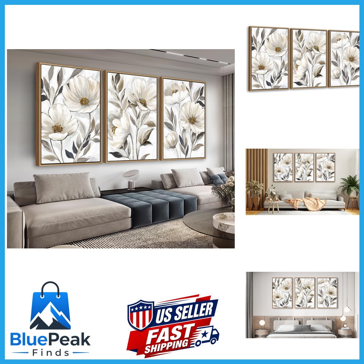 yearainn Floral Framed Wall Art - Beige White Canvas 24x16in Natural Wood Frame
