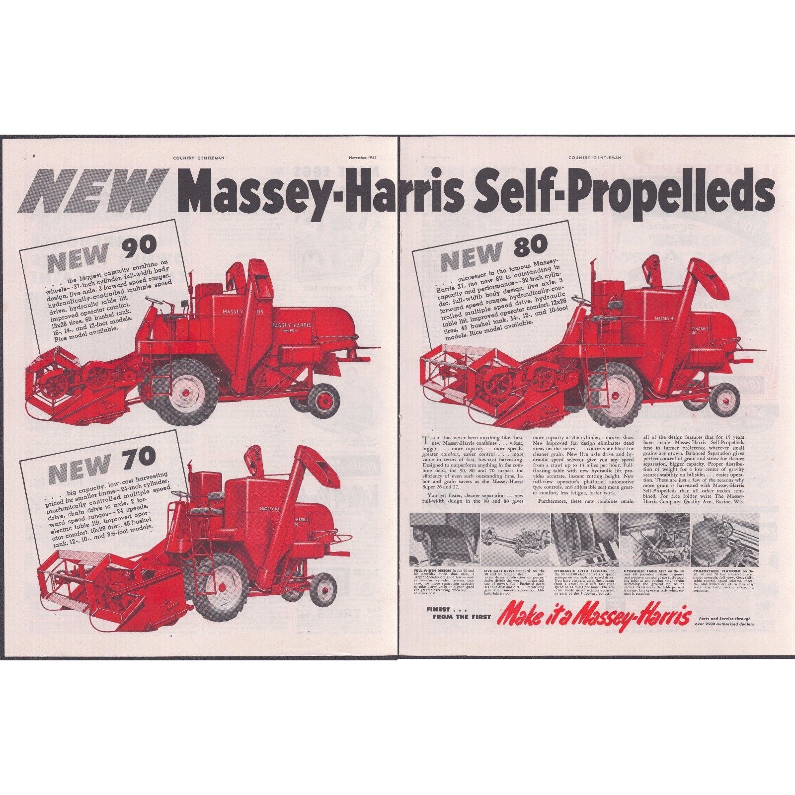 1952 Massey-Harris Self-Propelled Combine 90 80 70 Vtg Print Ad 2 Page Spread