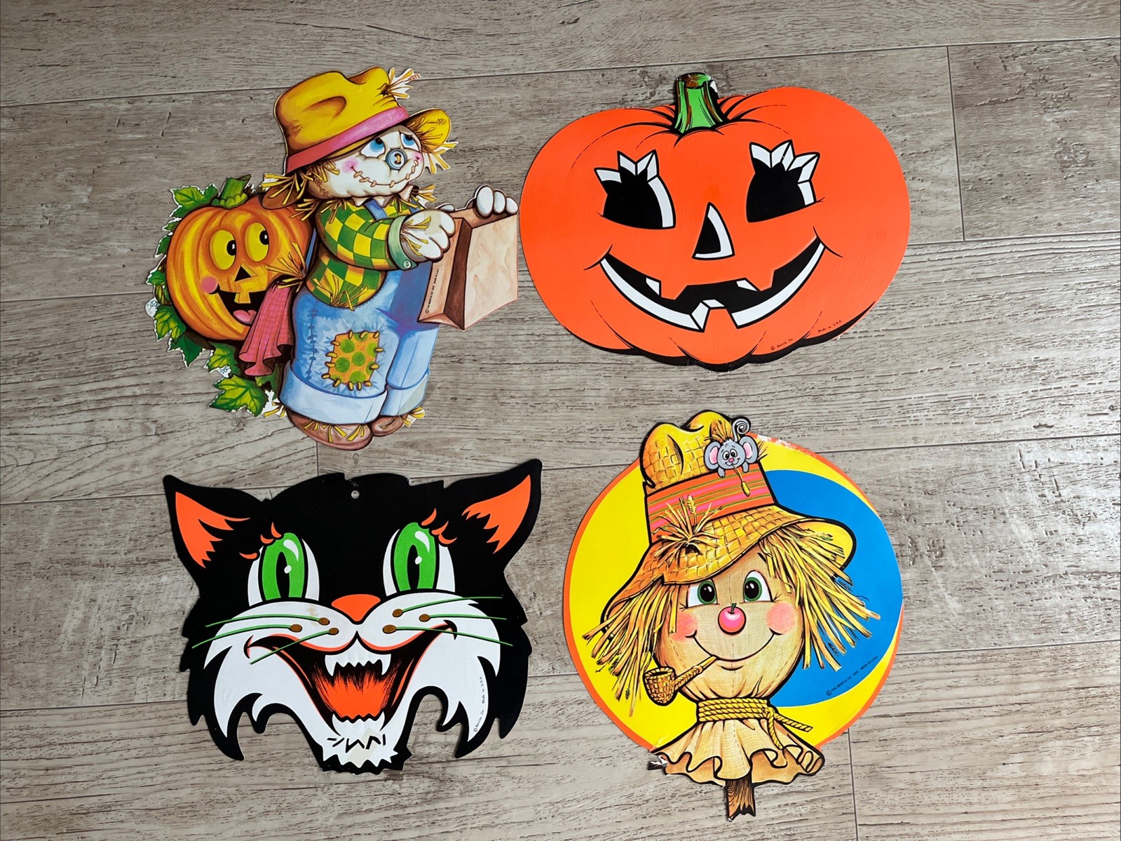 VINTAGE LOT Beistle HALLOWEEN Scarecrow Hissing Cat DIE CUT Jack O Lantern 1970s