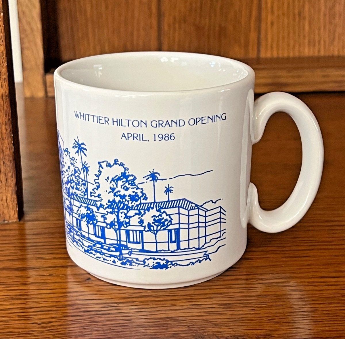 Vintage 1986 Whittier Hilton Grand Opening Mug California Hotel Souvenir Cup