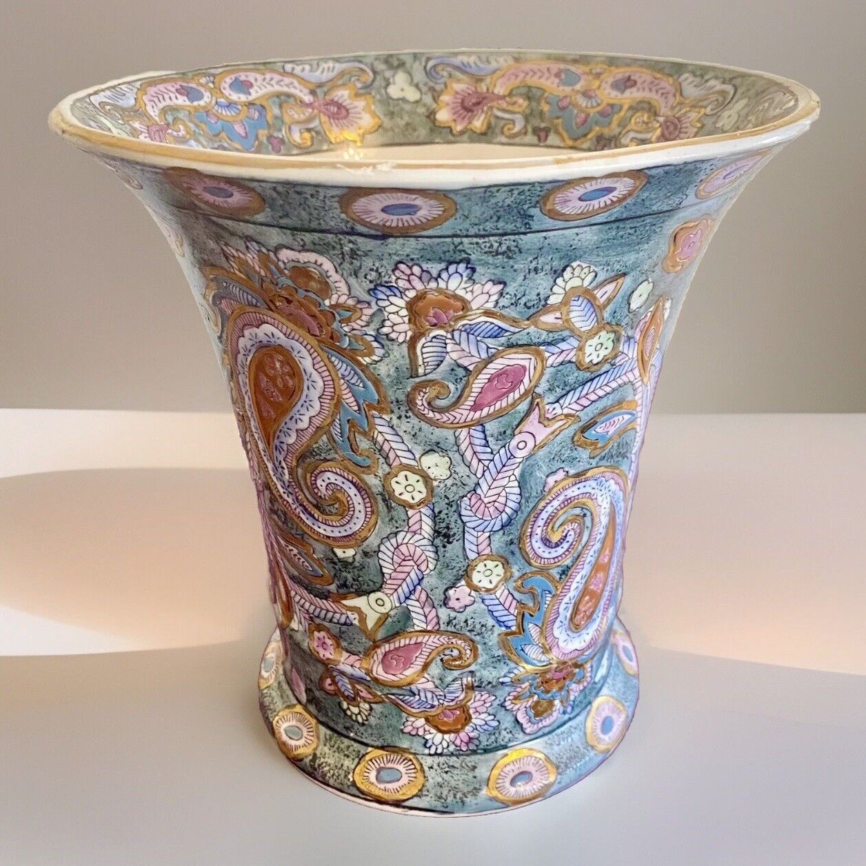 VTG Kashmir Porcelain Asian Vase Planter Hand Painted Green Gold Paisley 8”