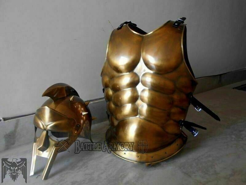 Antique Muscle Armor & Gladiator Movie Helmet Muscle Jacket Brass Finish