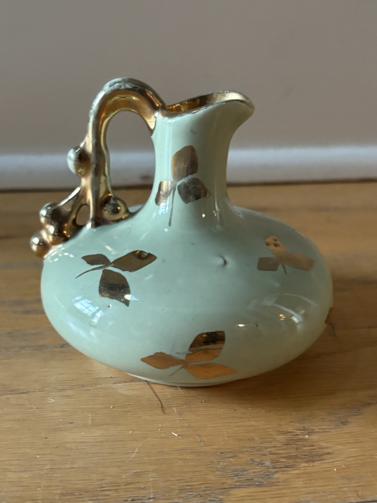 Vintage  Green & Gold Le Pere Pottery Miniature Pitcher Bud Vase Mid-Century