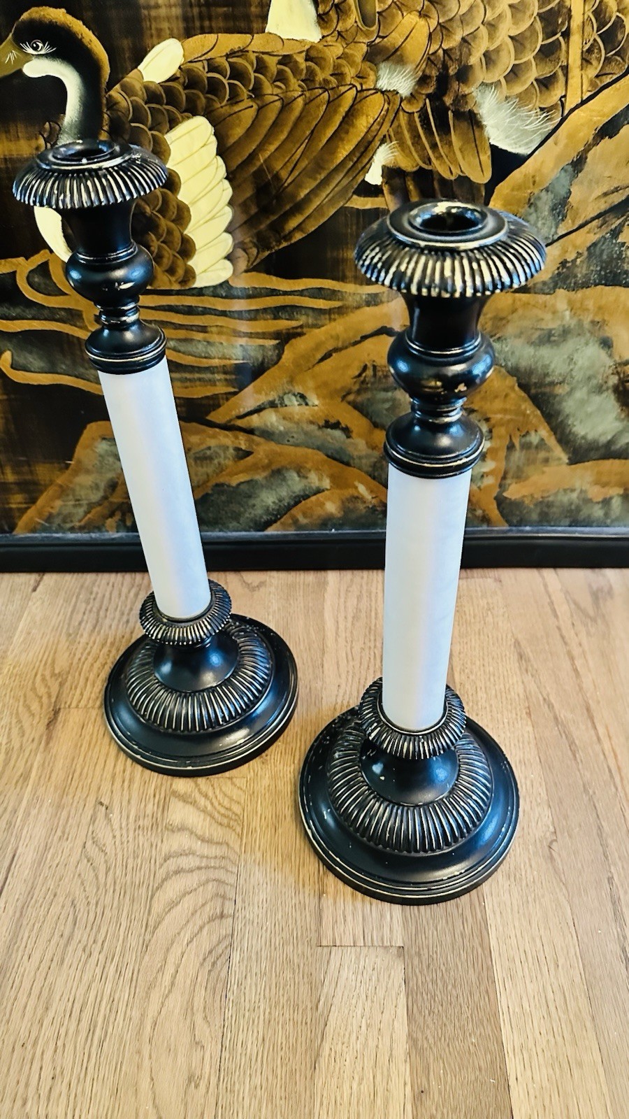 Pair of Vintage Neoclassical candlestick holders With Stone Columns