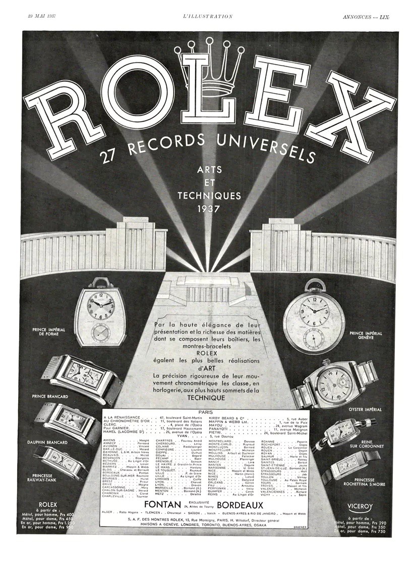 Vintage 1937 Rolex Watch Advertisement Art Deco Style Photo Reprint