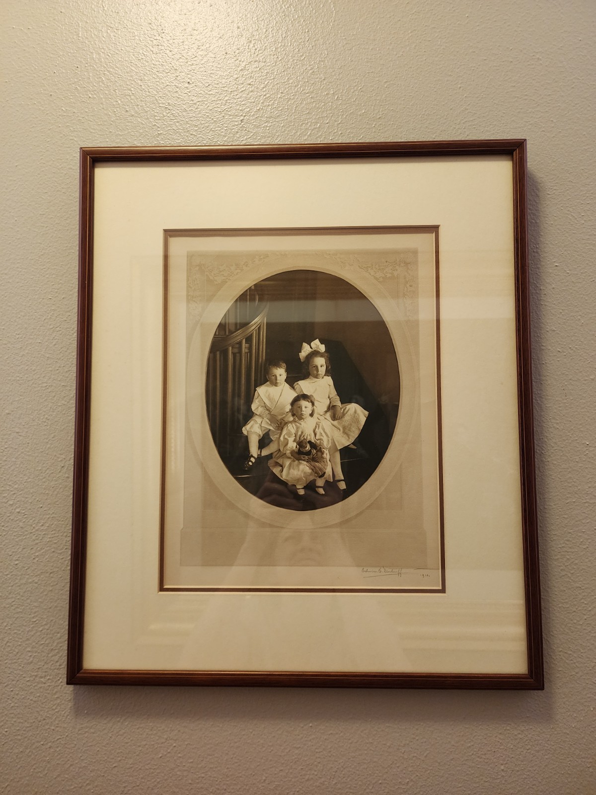 Antique Framed & Matted Family Portrait w/ 3 Young Children by Edwin C. Dinturff