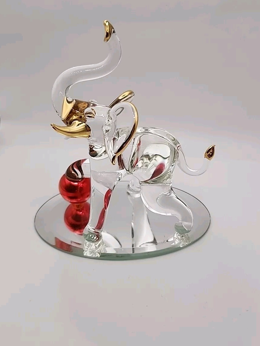 LQQK VINTAGE Glass Figure Elephant with Red Ball Gold Lining - BEAUTIFUL