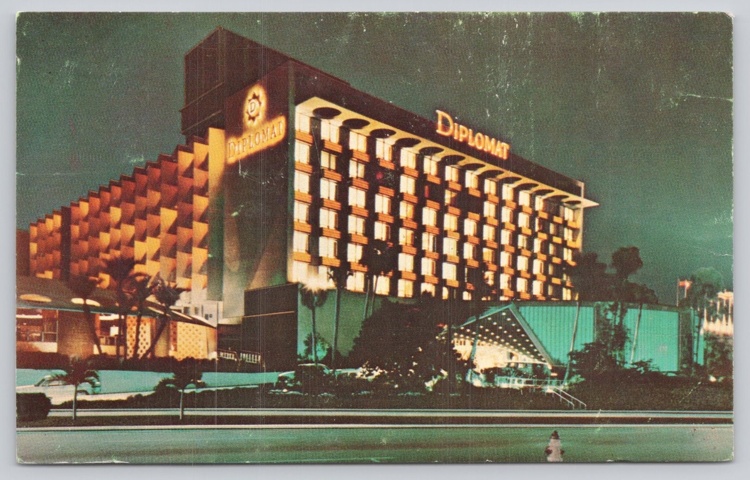 Vintage DIPLOMAT Hotel Hollywood-by-the-Sea Florida Night View Postcard c. 1970s