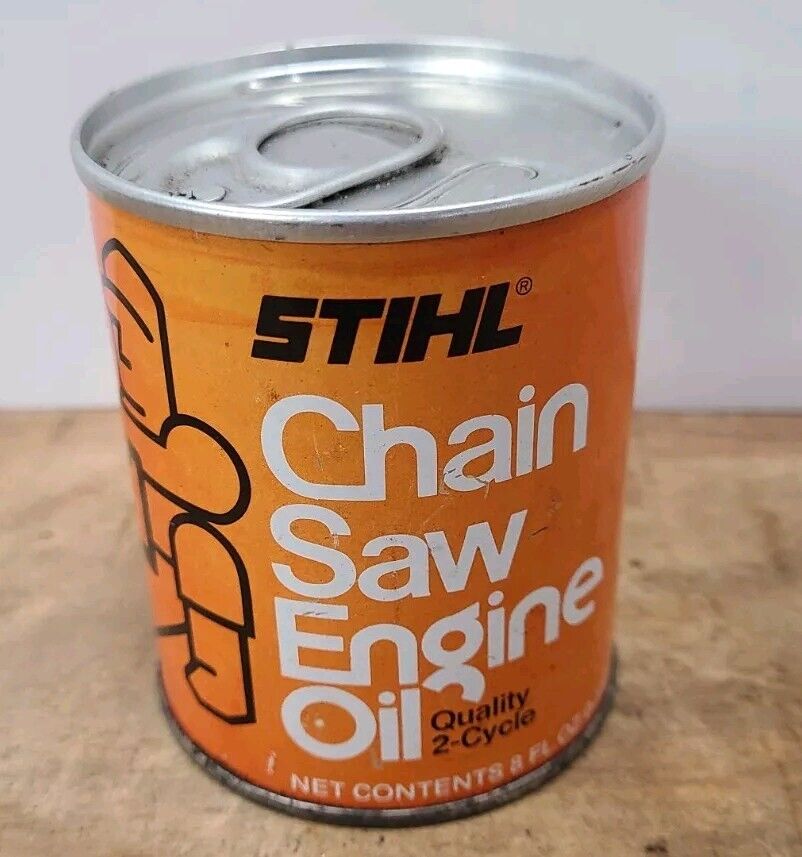 RARE vintage 1970s STIHL Chainsaw Oil tin OLD METAL CAN great graphics RETRO gas