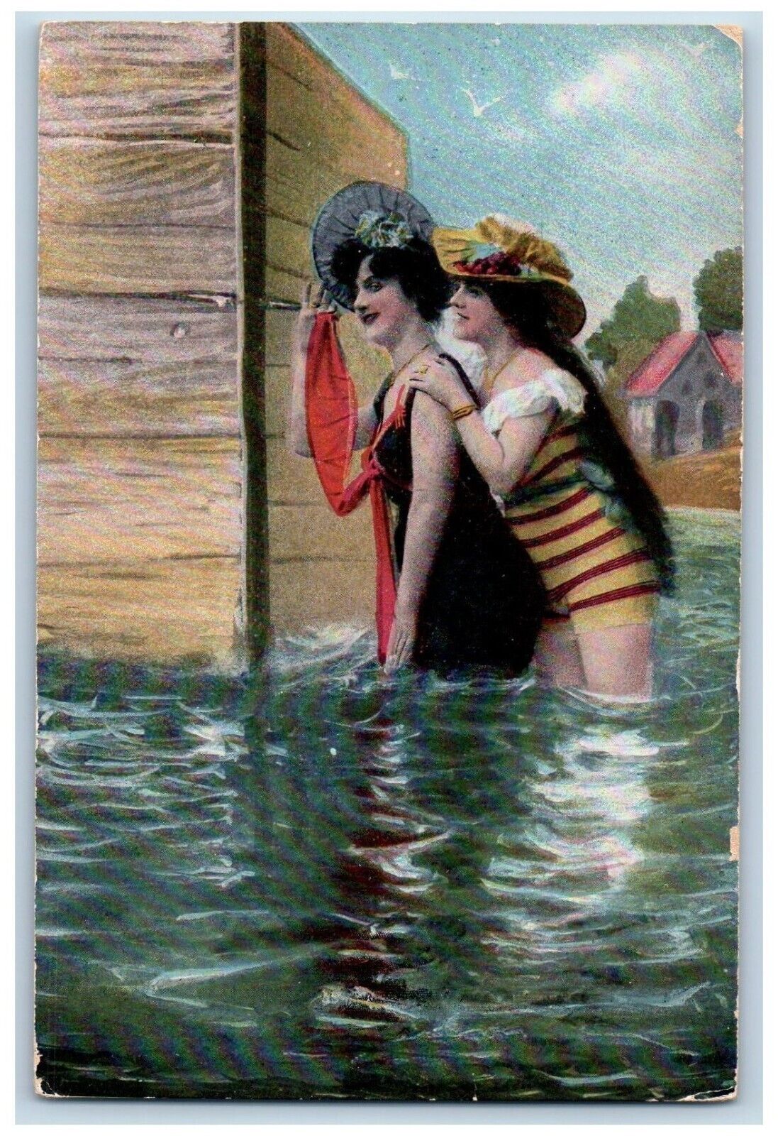Beach Bathing Beauties Postcard With Hat Bath House c1910's Unposted Antique