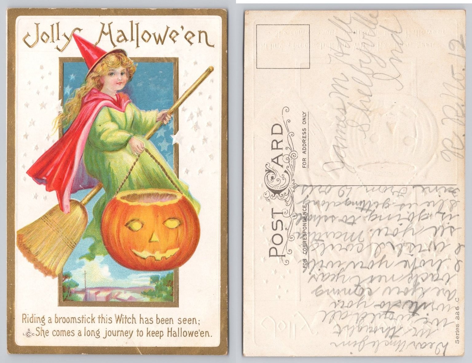 Jolly Halloween Witch Jack O'Lantern Embossed Postcard c.1910s Shelbyville IND