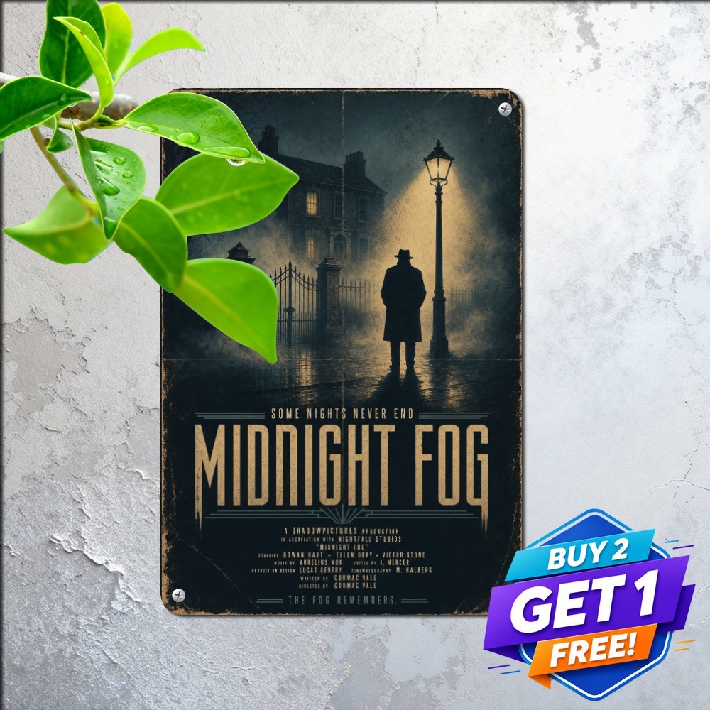 Vintage Noir Midnight Fog Detective Street Scene Retro Metal Tin Sign