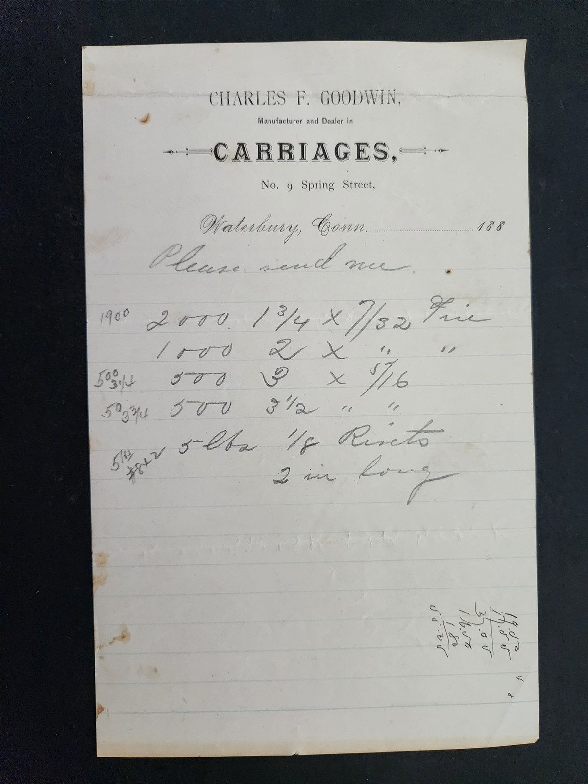 1880 antique CHARLES F GOODWIN waterbury ct CARRIAGE mfg dealer BILLHEAD
