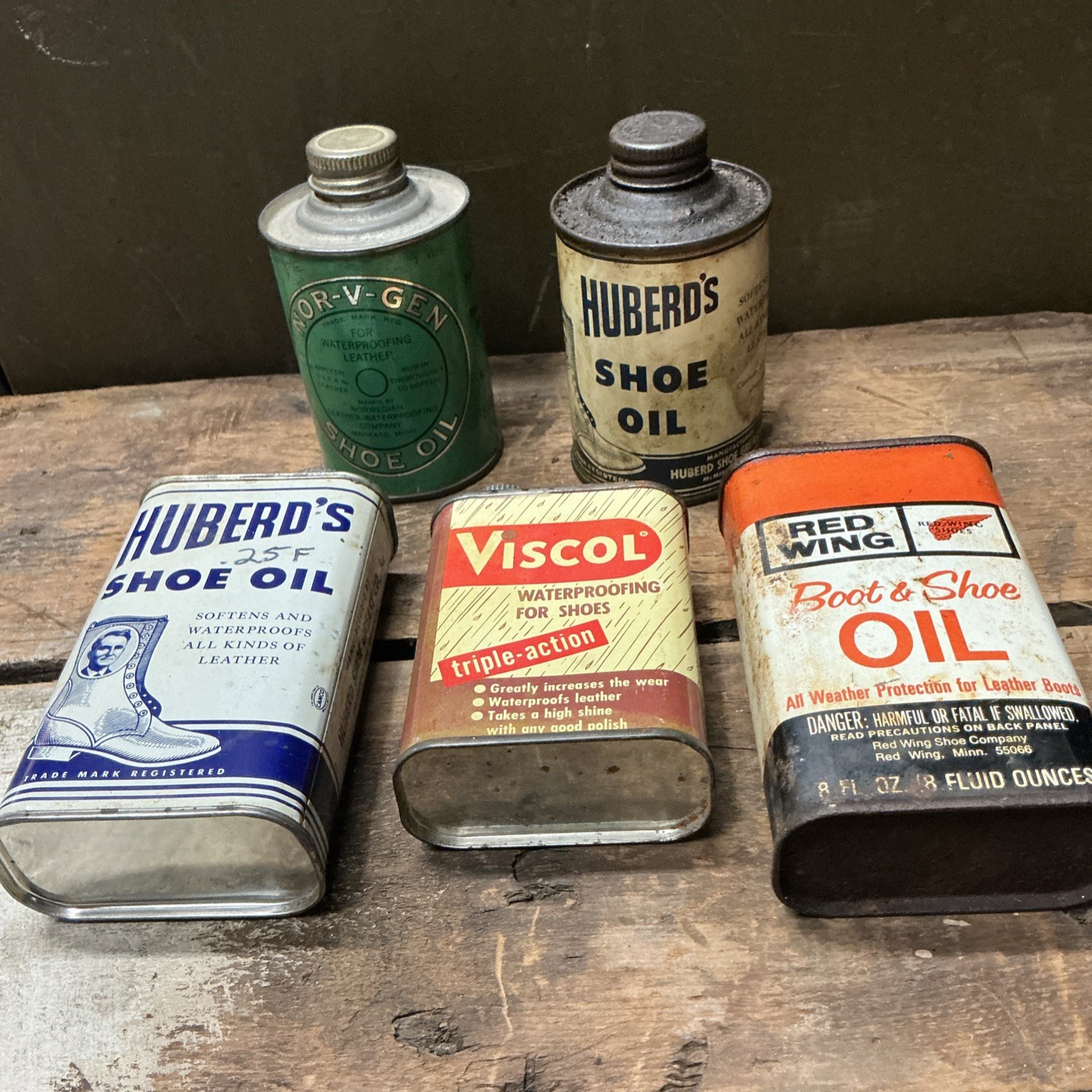 Vintage Huberd's Viscol Red Wing Nor-V-Gen Vintage Shoe Oil Tins Lot 5