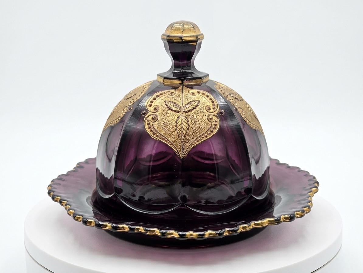 EAPG NORTHWOOD Regent Glass BUTTERDISH Amethyst, Gold Leaf, Medallion 1903