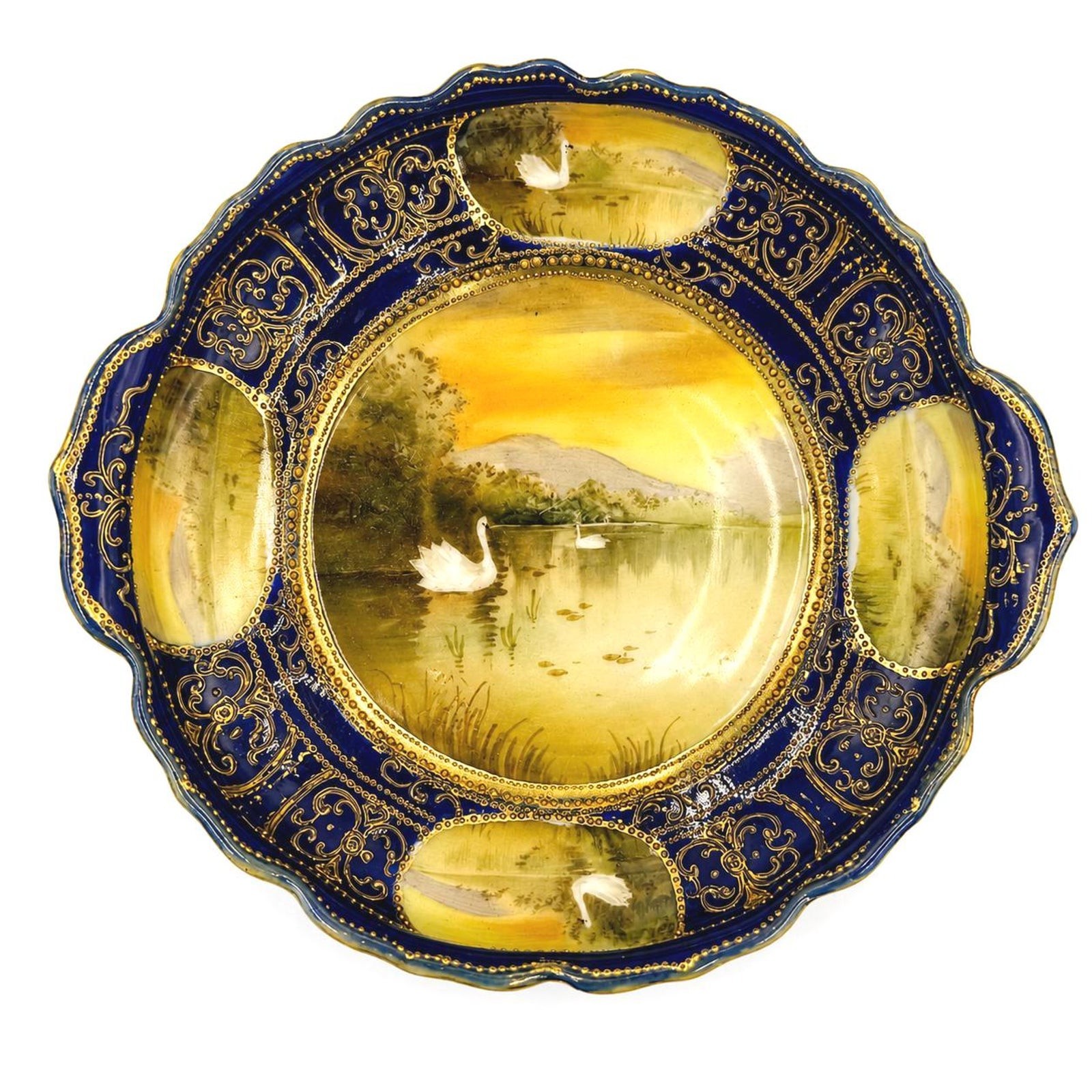 Antique Hand-Painted Cobalt Blue Gold Moriage Nippon Swan Bowl Porcelain c. 1891
