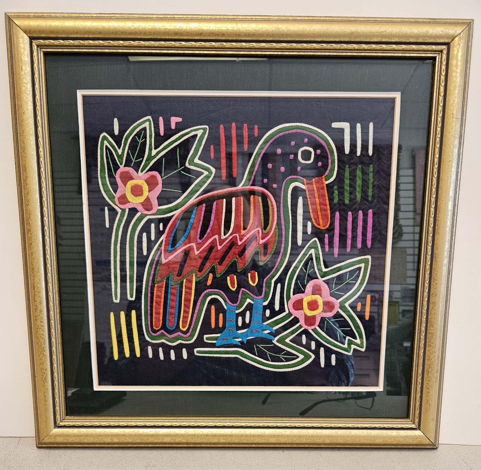 Kuna Indian Mola Textile BIRD Panama Latin America Applique Authentic FRAMED A