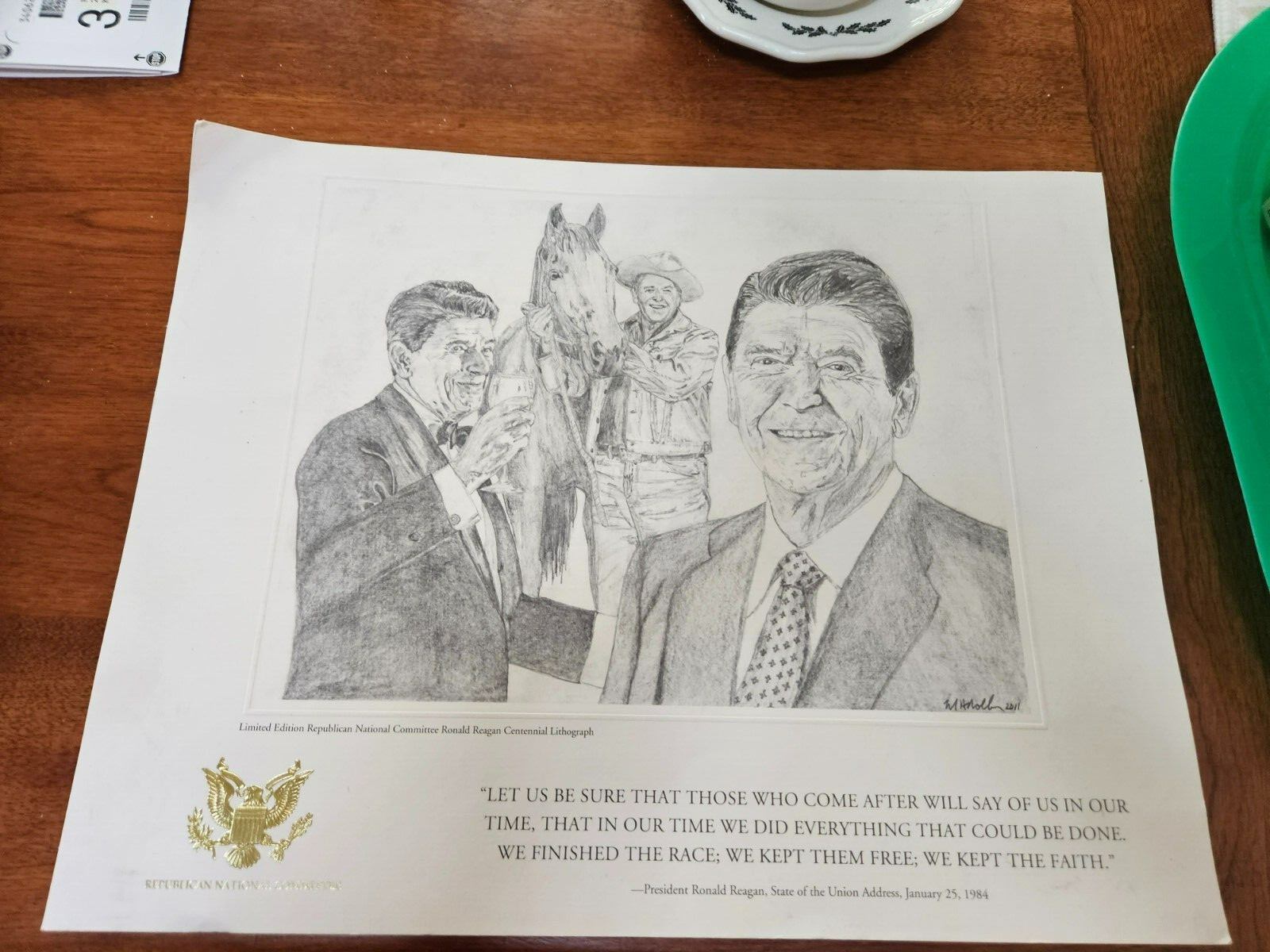 vintage Ronald Reagen lithograph 3 poses with horse w/action packed book.