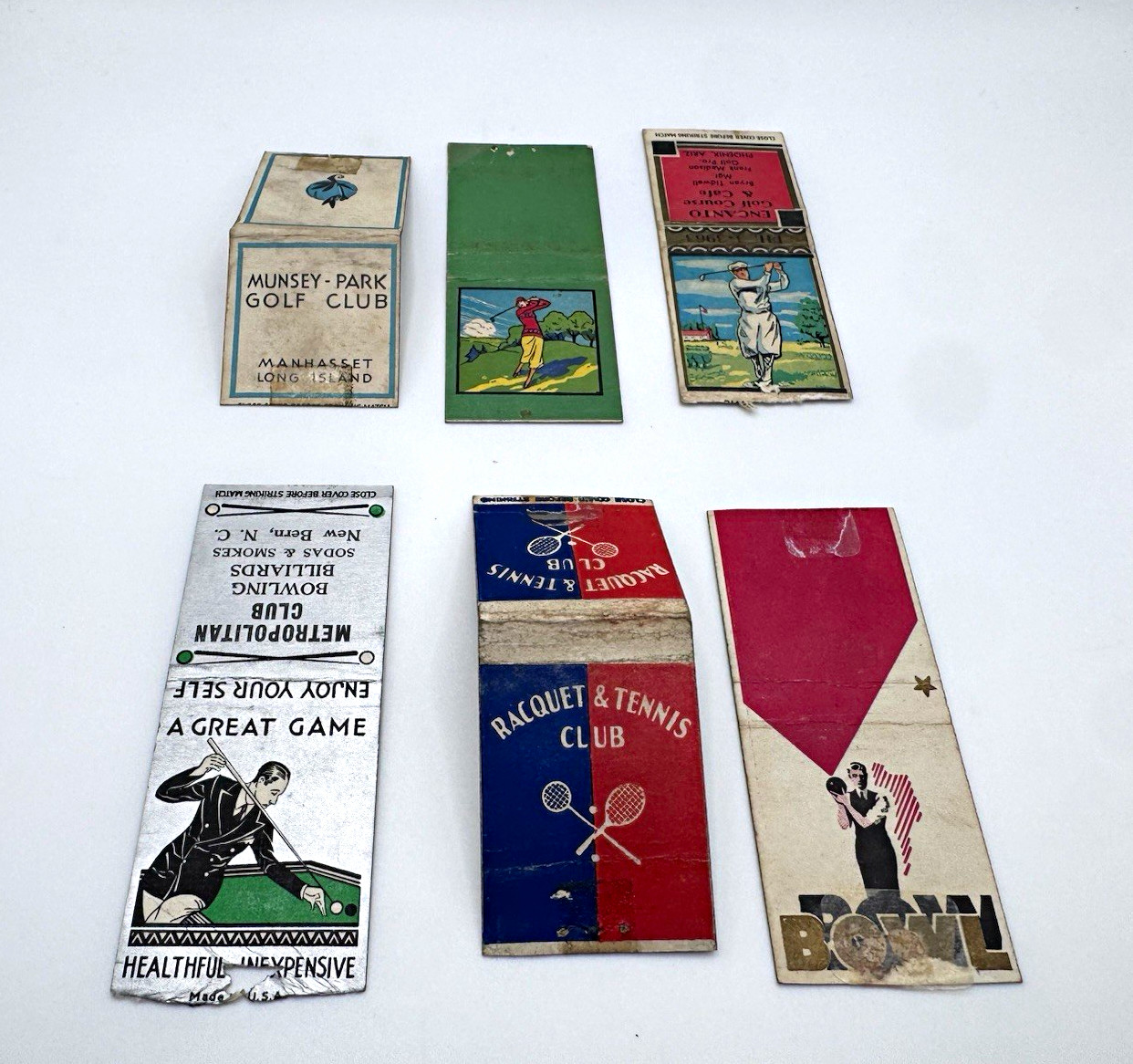 6 Vintage Sports Matchcovers Golf Colgate Munsey Park Encanto Tennis Bowling