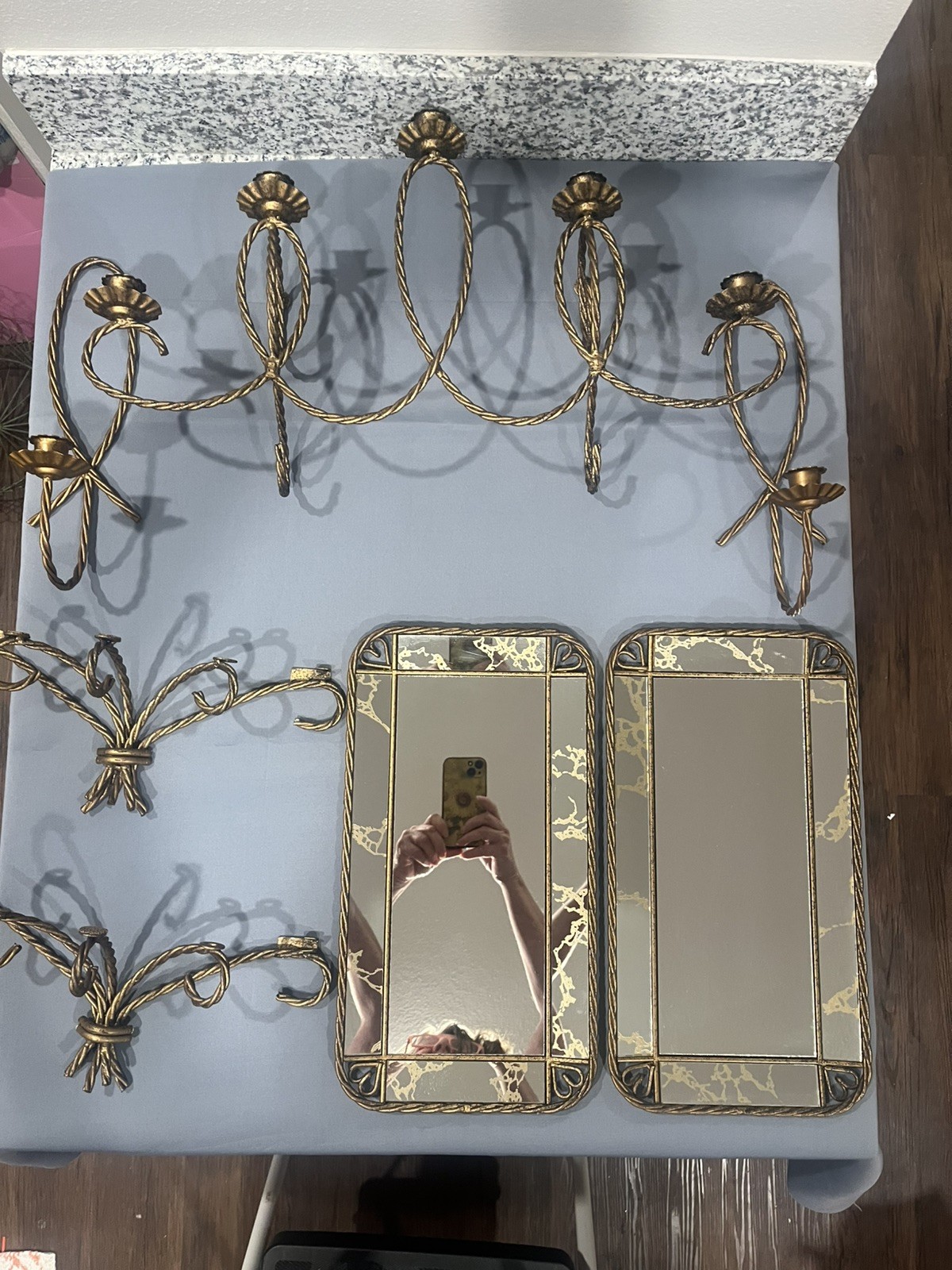 Vintage Homco Vanity Mirror Gold Vein Twisted Metal Candelabra Sconce 1 & 5 Arm