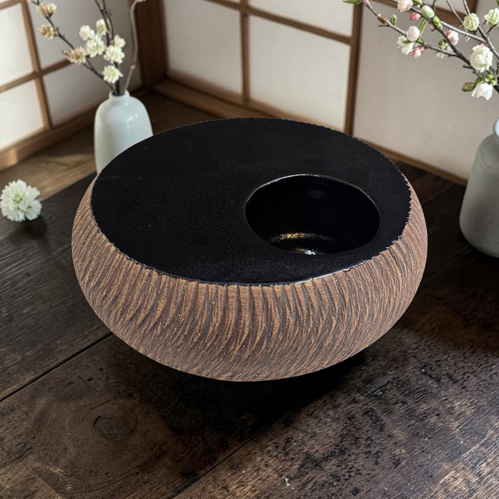 Japanese Studio Pottery Ikebana Bowl Carved Stoneware Signed Nagakawa Tōgei 9