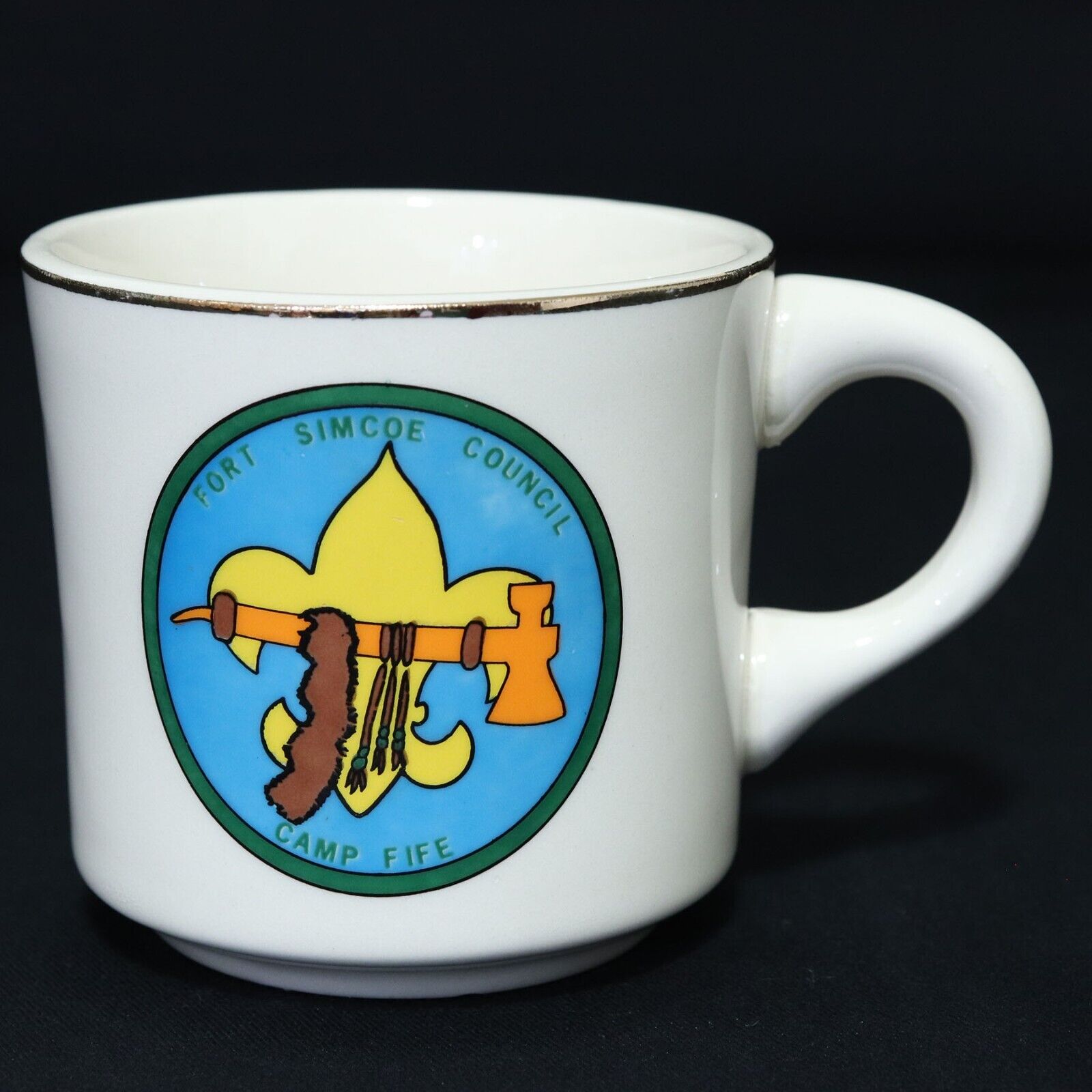 Boy Scouts VTG BSA Ceramic Mug Fort Simcoe Council, Camp Fife Tomahawk Cup RARE