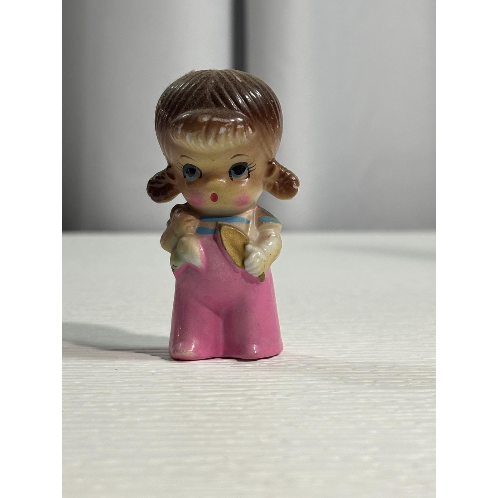 Vintage Ceramic Girl Figurine Pink Overalls Pigtails Japan Mid Century S0086