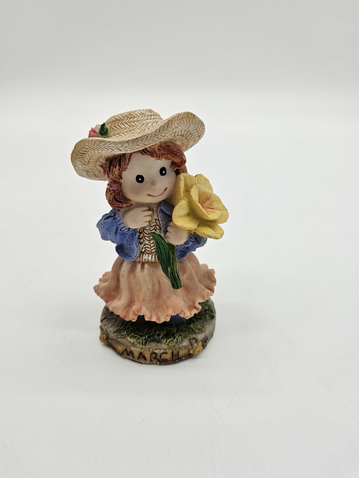 Vintage March Birthday Girl Figurine Flowers Straw Hat 4.5”