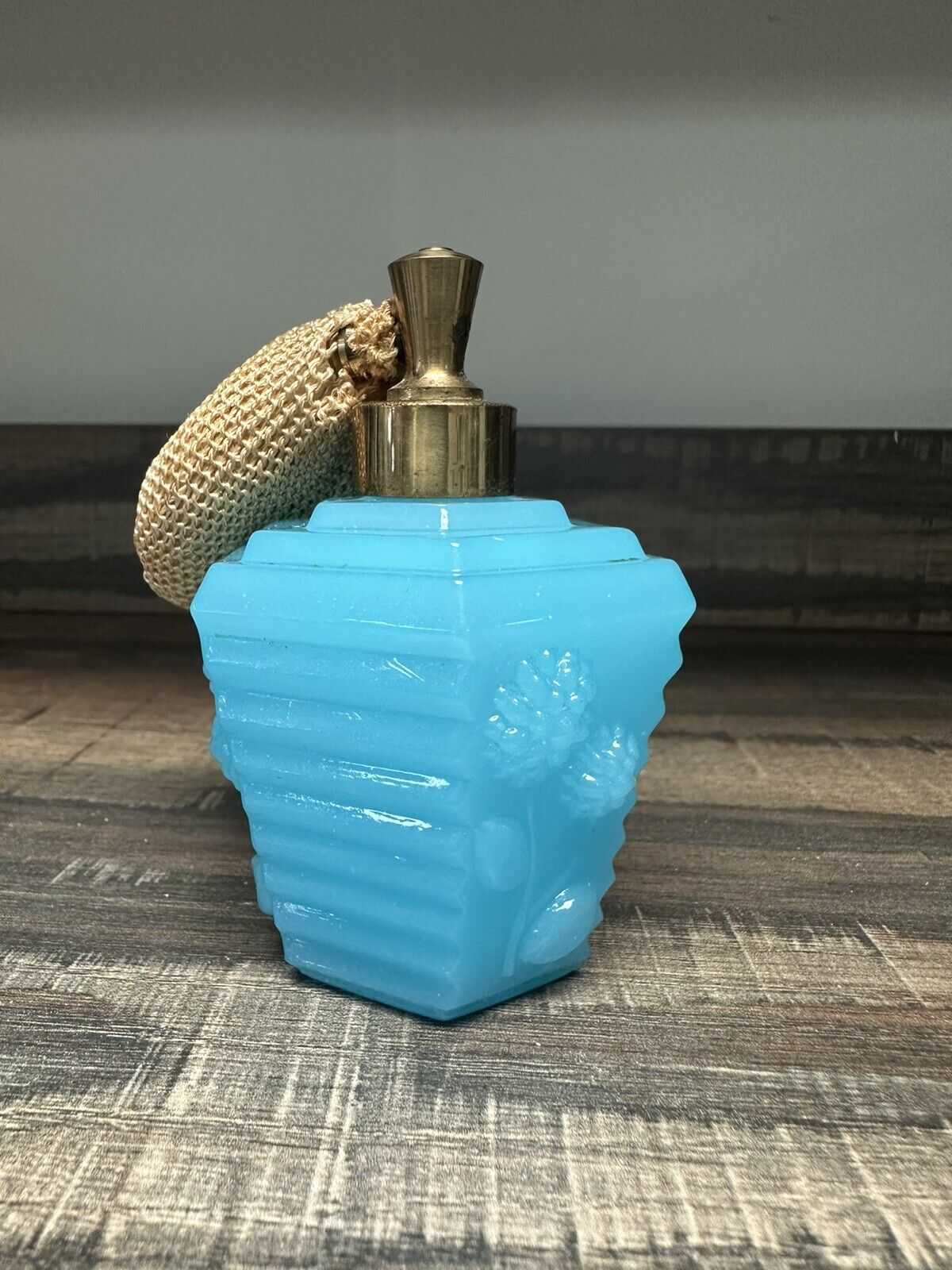Vintage I.W. Rice Perfume Bottle Blue Opaline Glass Floral atomizer