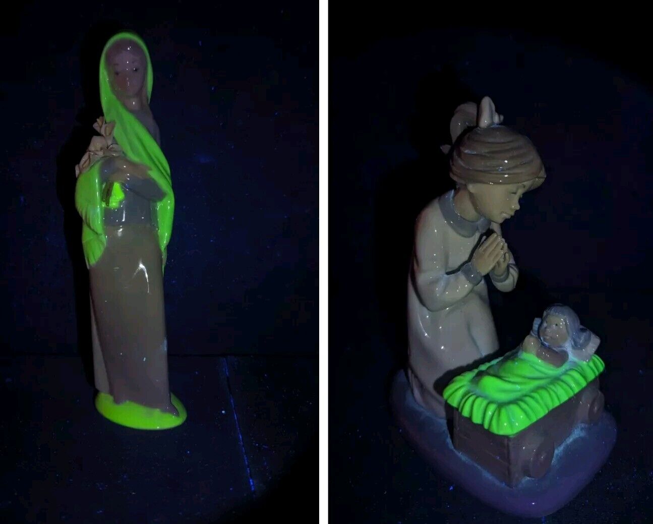 2pc. Set Of Llardo Religious Figurines With Uranium Glaze Finish UV Reactive 