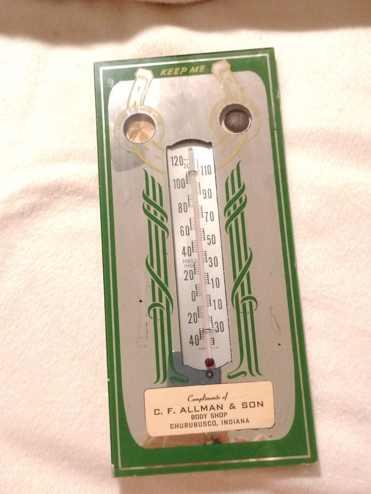 VINTAGE TRANSPORTATION ADVERTISING LUCKY PENNY MIRROR THERMOMETER 1950s USA RARE