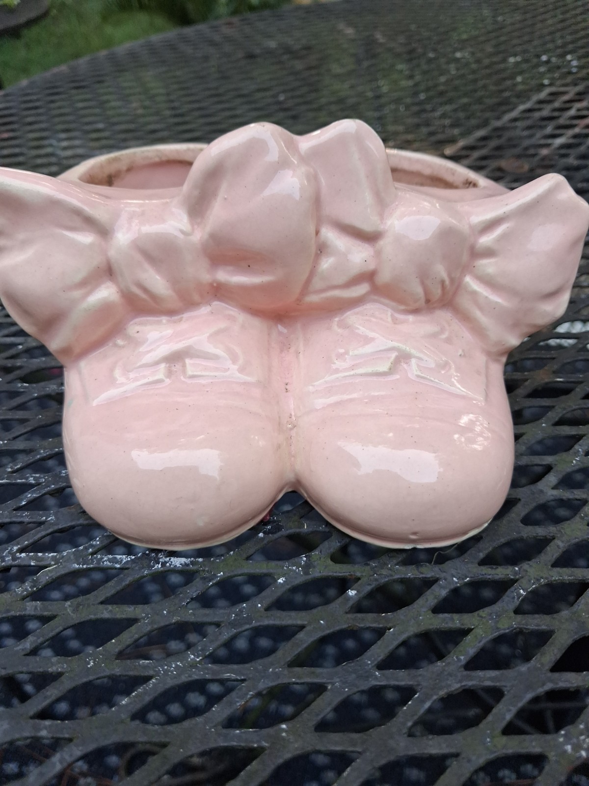 Vintage Pottery Baby Shoe Planter Pink Bootie Bows 1950s