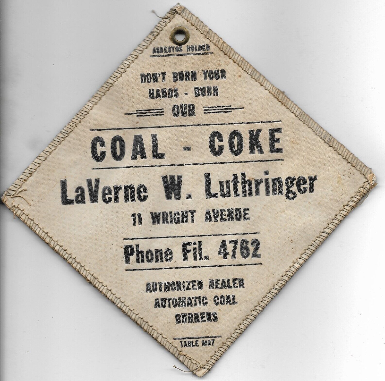 Vintage Asbestos Pot Holder LaVerne Luthringer Coal Coke Wright Ave Buffalo NY
