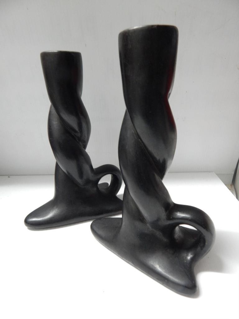 VINTAGE ANTIQUE SAN ILDEFONSO PUEBLO INDIAN POTTERY CANDLE STICKS PAIR POT